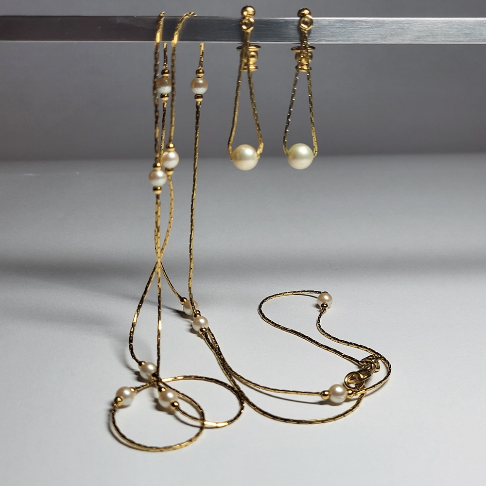 MONET Vintage Gold Tone and Faux Pearl Necklace And Matching Drop Earrings